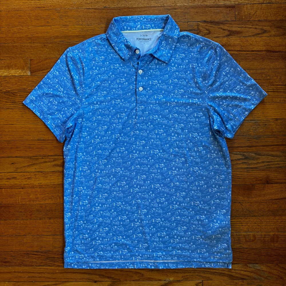 J.Crew Performance Mens Large Blue Golf Course Palm‎ Tree Print Polo Shirt L